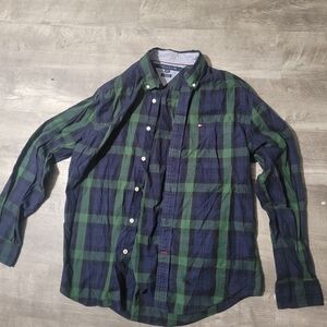 Tommy Hilfiger Men's Navy and Green Checkered Shirt